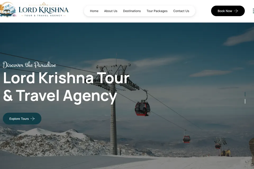 Home page of the Lord Krishna Tour & Travel Agency website with a snowy mountain cable car and the headline "Lord Krishna Tour & Travel Agency"