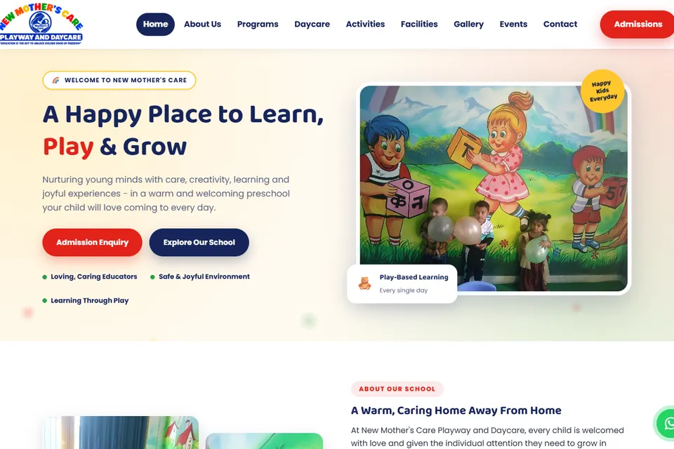 Home page of the New Mother's Care Playway and Daycare website with the headline "A Happy Place to Learn, Play & Grow" and children in a painted classroom