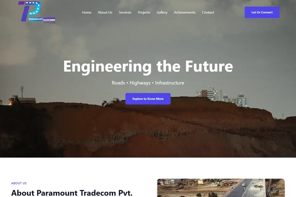 Home page of the Paramount Tradecom website with the headline "Engineering the Future — Roads, Highways, Infrastructure" over a construction site
