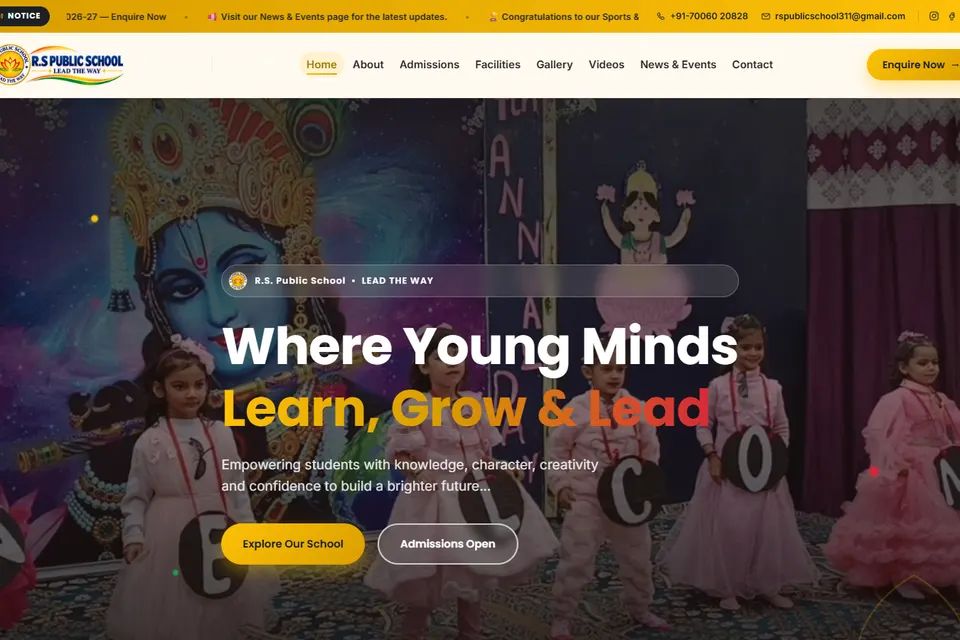 Home page of the R.S. Public School website with young students on stage and the headline "Where Young Minds Learn, Grow & Lead"